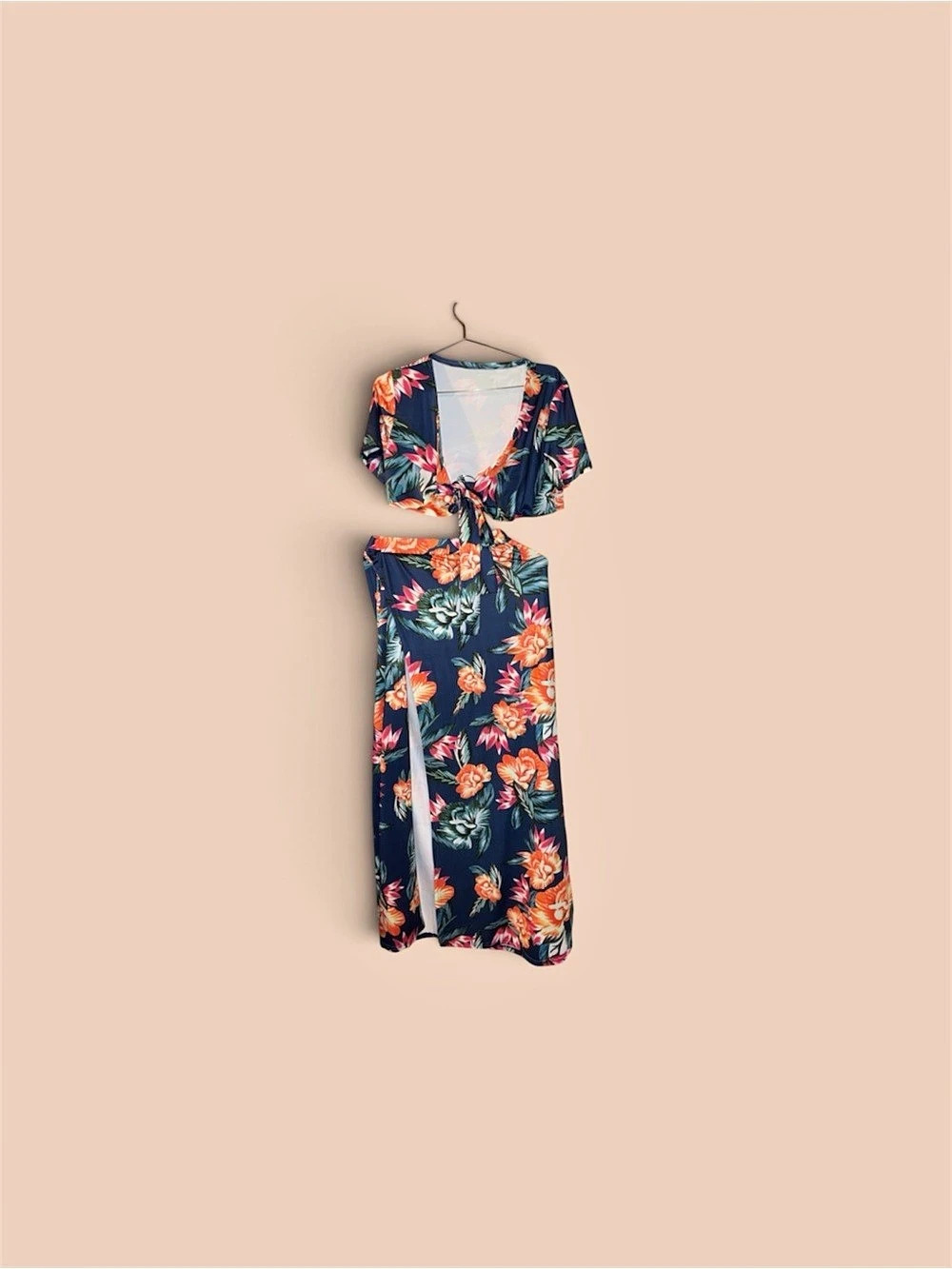 Two-piece Floral Maxi Dress in Blue & Orange Size XL